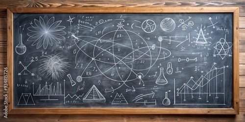 Blackboard with quantum physics operations and formulas written in chalk