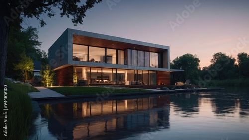 An twilight view of a contemporary home beside a river rendered in 3D