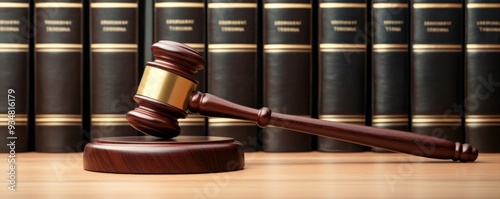 A detailed view of a judge's gavel resting on a sound block with law books in the background, symbolizing justice and legal proceedings. photo