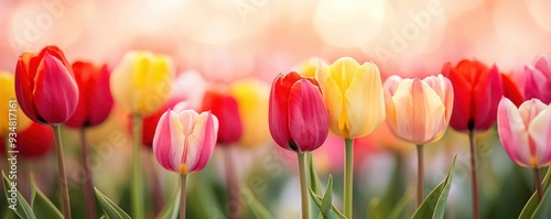 A vibrant display of tulips in various colors, representing the beauty of spring and the joy of blooming flowers. photo