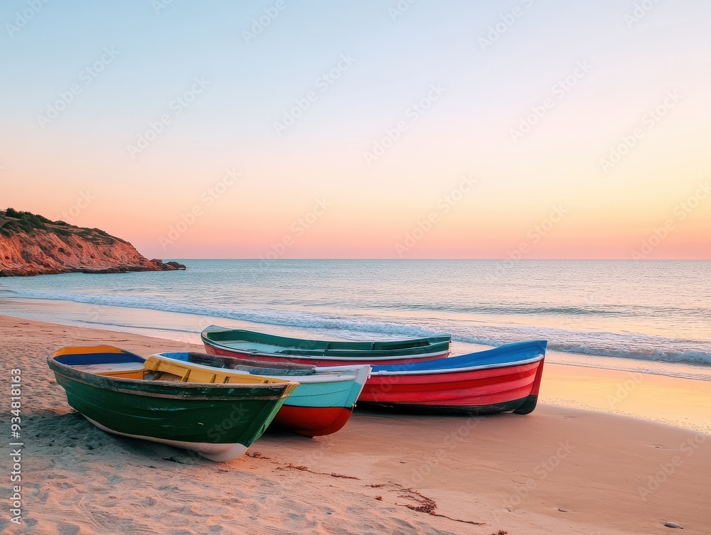 Fototapeta premium Colorful boats resting on the sandy beach at sunset, creating a serene coastal scene with gentle waves and vibrant hues.
