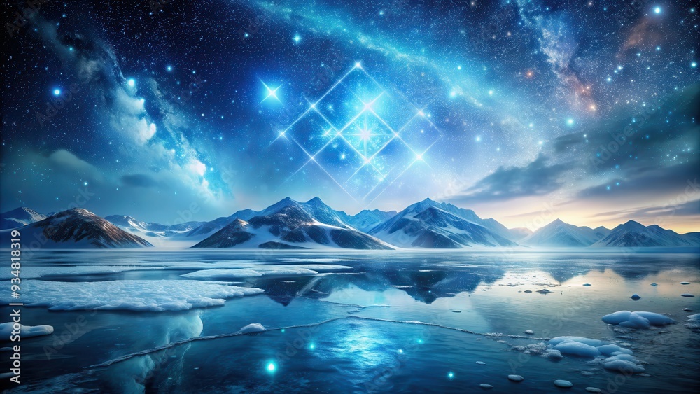 Surreal, icy landscape of frozen waters and starry skies with abstract elements of Aquarius zodiac sign, Aquarius, frozen, journey Surreal, icy landscape of frozen waters and starry skies with abstract elements of Aquarius zodiac sign, Aquarius, frozen, journey
