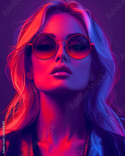 A woman with long blonde hair and red sunglasses is the main focus of the image. The photo is in a purple and blue color scheme, giving it a vibrant and energetic feel