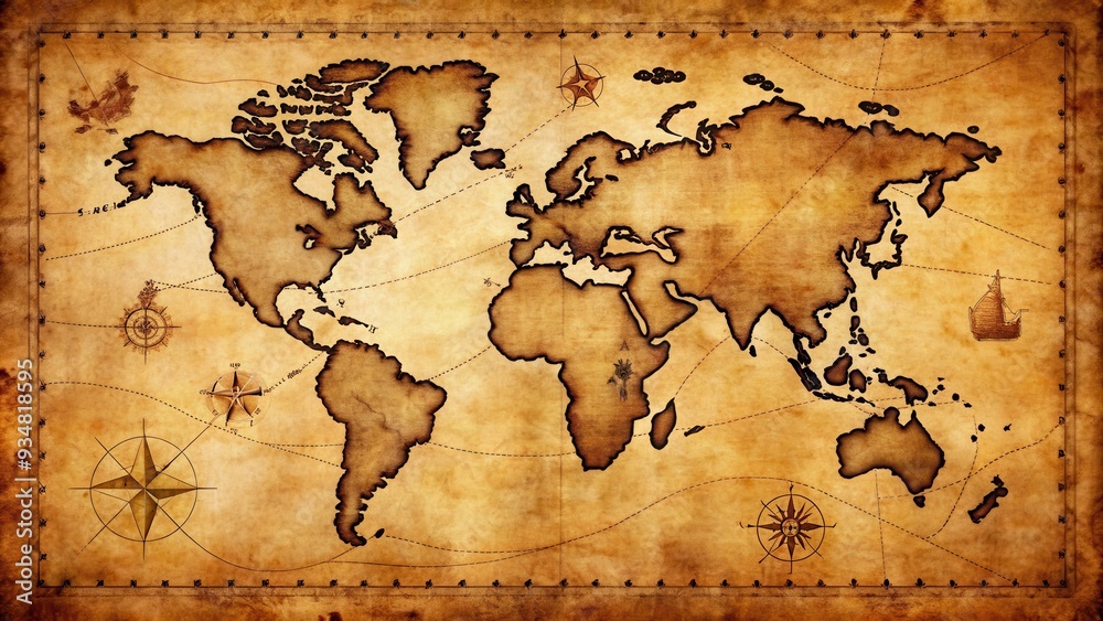 Obraz premium A detailed of a pirate treasure map on aged paper, pirate, treasure, map, old, vintage, paper, aged,adventure