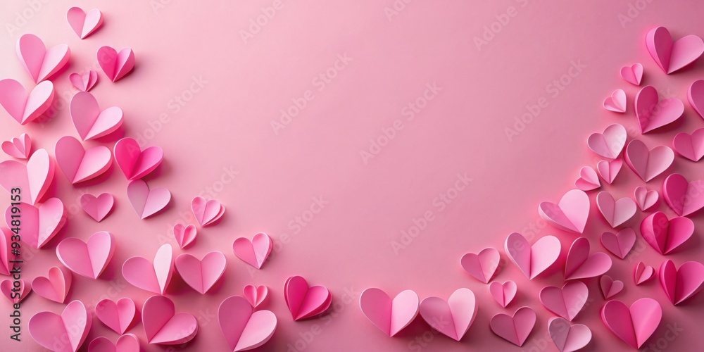 Fototapeta premium Pink background with scattered pink paper hearts for Valentine's Day and love-themed designs
