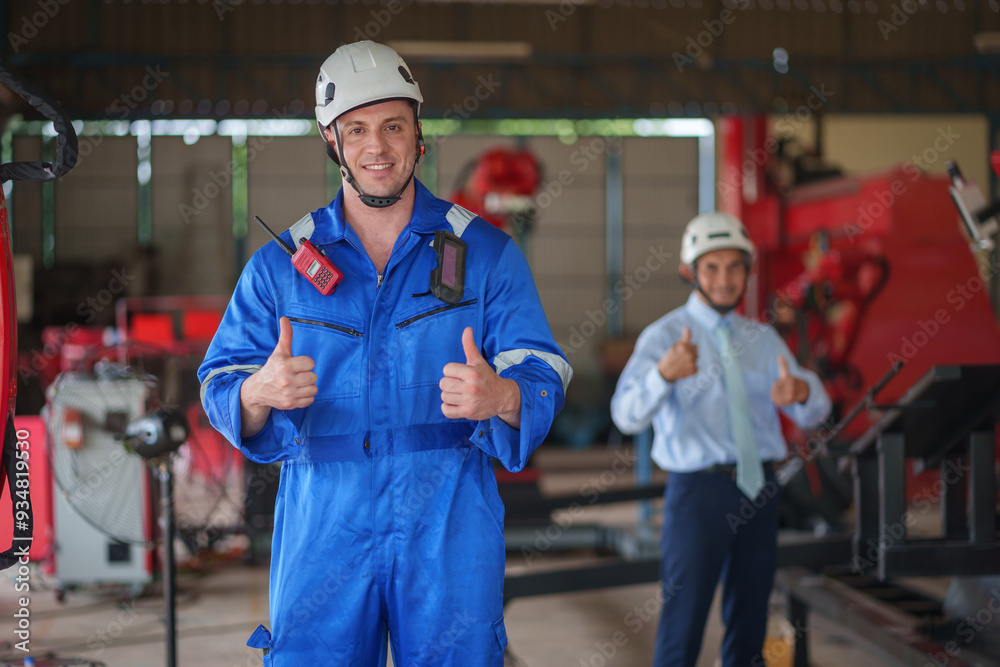 portrait young caucasian engineer doing thumb up while inspecting the robots before delivery to customers with background asian manager