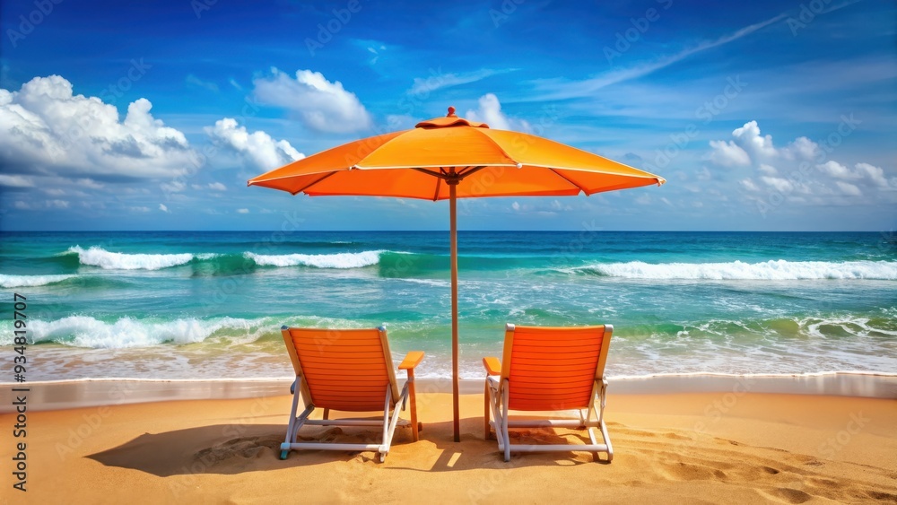 Serene beach scene with two chairs under orange umbrellas by ocean waves evoking relaxation and vacation, beach, chairs Serene beach scene with two chairs under orange umbrellas by ocean waves evoking relaxation and vacation, beach, chairs