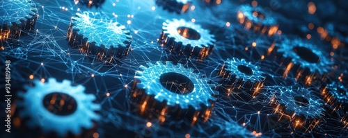 Abstract depiction of global economy symbols interconnected by policy gears, concept of international economic strategy