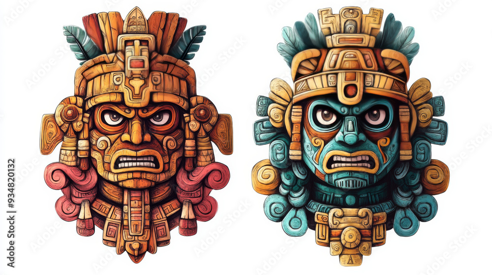 Ancient Aztec and Maya drawing art, isolated on a white background. Ancient Aztec and Maya drawing art, isolated on a white background.