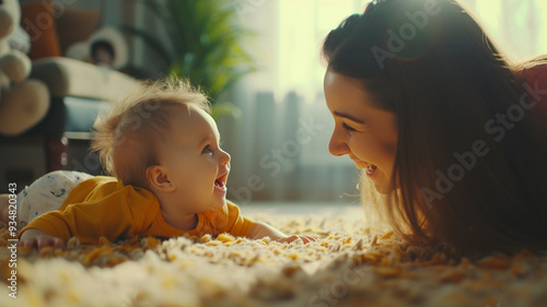Side view of mother playing with laughing baby girl lying on her knees spending time at home