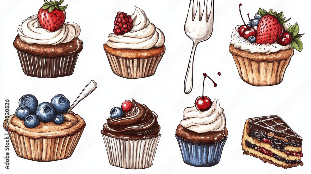 Sketches of bakery and pastry desserts, including chocolate cake, cupcakes, muffins, fruit desserts, and berry pies. Topped with cream, cherries, strawberries, blueberries, sprinkles, and waffles. Sketches of bakery and pastry desserts, including chocolate cake, cupcakes, muffins, fruit desserts, and berry pies. Topped with cream, cherries, strawberries, blueberries, sprinkles, and waffles.