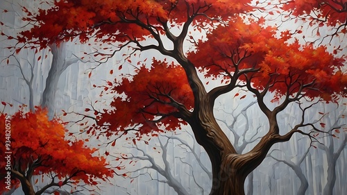  painting of a red tree with long, flowing branches