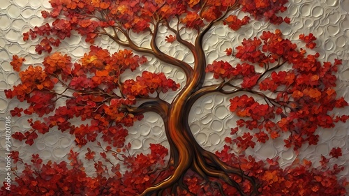  painting of a red tree with long, flowing branches