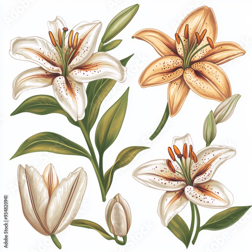 A set of beautiful lily flowers, designed for decorative and ornate purposes.