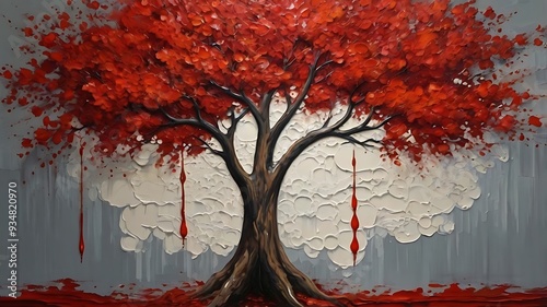  painting of a red tree with long, flowing branches