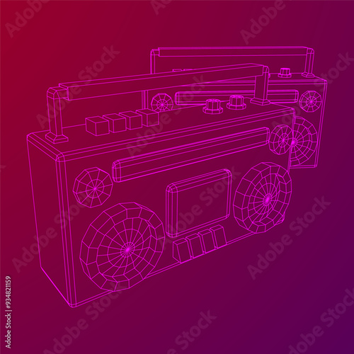 Retro Boombox outdated portable cassette tape recorder. Wireframe low poly mesh vector illustration.