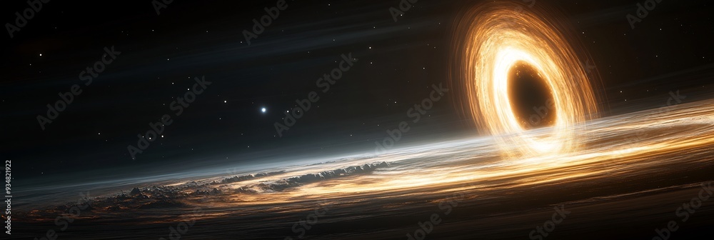 Black holes gravitational pull shown as a 3D tidal force with 2D planets and stars being pulled apart as they approach the event horizon blending the visual representation of extreme gravity Black holes gravitational pull shown as a 3D tidal force with 2D planets and stars being pulled apart as they approach the event horizon blending the visual representation of extreme gravity
