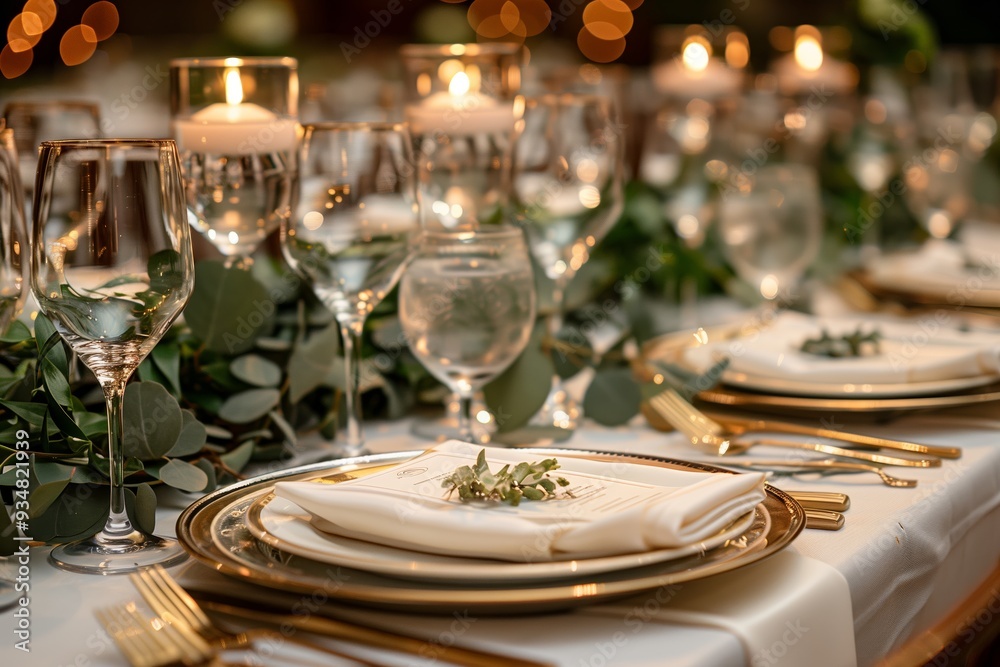 Elegant Dinner Table Setting With Candles and Greenery at Evening Event Elegant Dinner Table Setting With Candles and Greenery at Evening Event