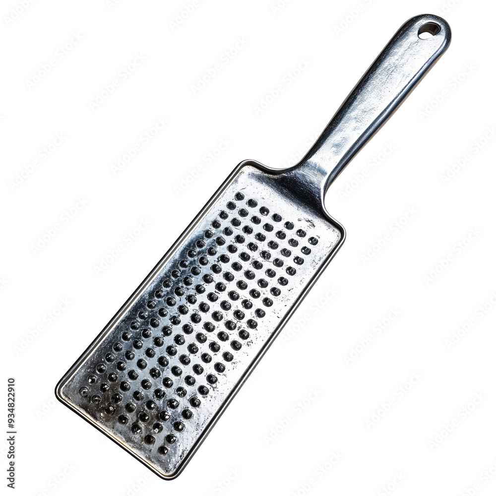 A silver grater with a white handle, isolated on a black background. A silver grater with a white handle, isolated on a black background.