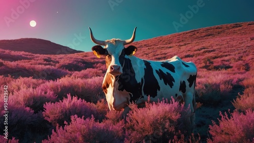 Background design in the Apollo style for vaporwave idea a cow
