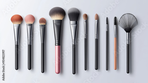 Vector mockups of makeup brushes with a 3D design, including blush, eyeshadow, contour, eyebrow comb, foundation, concealer, and bronzer brushes. Features angled, fan, and flat realistic brushes