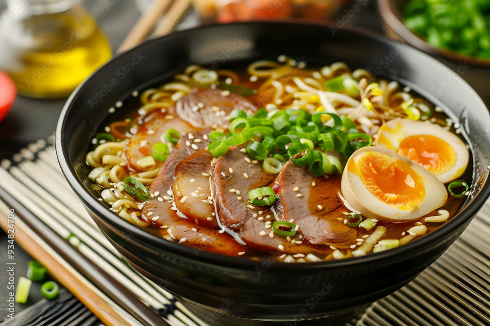 Delicious Ramen Bowl with Pork, Egg, and Sesame Seeds - Food Photography Delicious Ramen Bowl with Pork, Egg, and Sesame Seeds - Food Photography