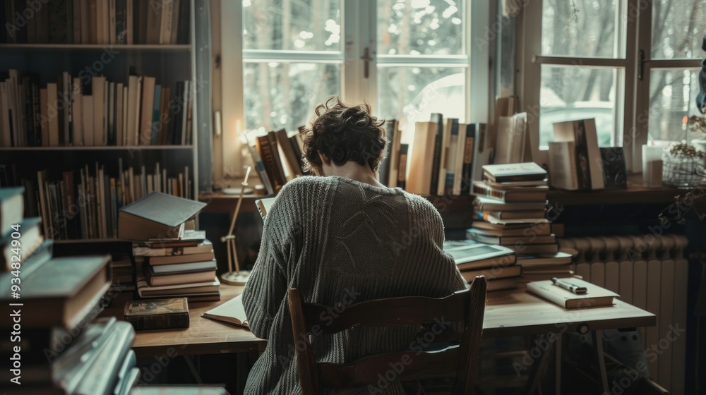 Person sitting at a desk with books, studying. Person sitting at a desk with books, studying.