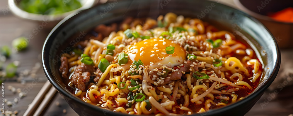Spicy Ramen Noodles with Egg and Sesame Seeds - Food Photography Spicy Ramen Noodles with Egg and Sesame Seeds - Food Photography