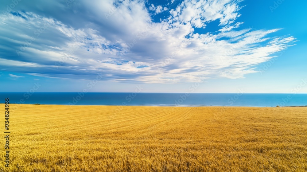 Obraz premium Golden wheat fields contrast with a blue sky and sea, showcasing nature's beauty and tranquility.
