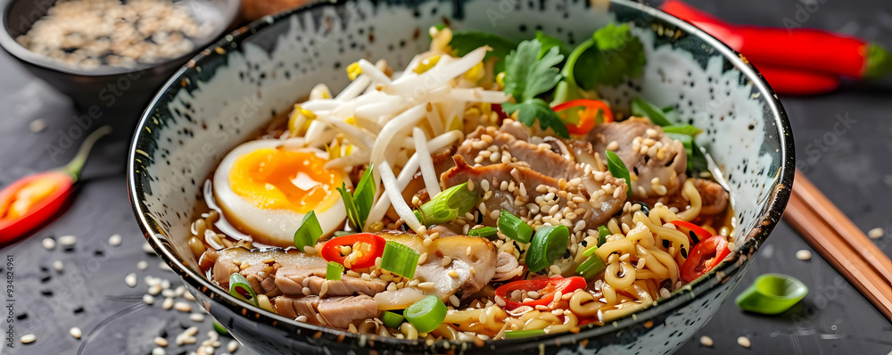 Delicious Ramen Bowl with Pork, Egg, Bean Sprouts, and Sesame Seeds - Food Photography Delicious Ramen Bowl with Pork, Egg, Bean Sprouts, and Sesame Seeds - Food Photography