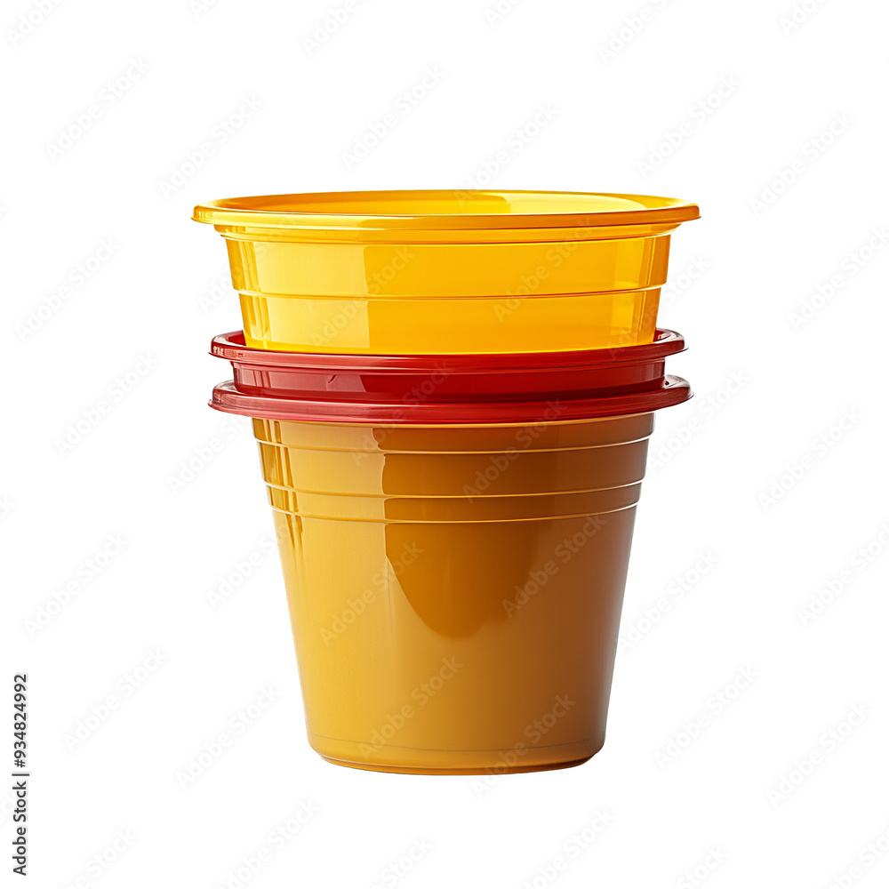 Two yellow plastic containers with red lids stacked on top of each other. Two yellow plastic containers with red lids stacked on top of each other.