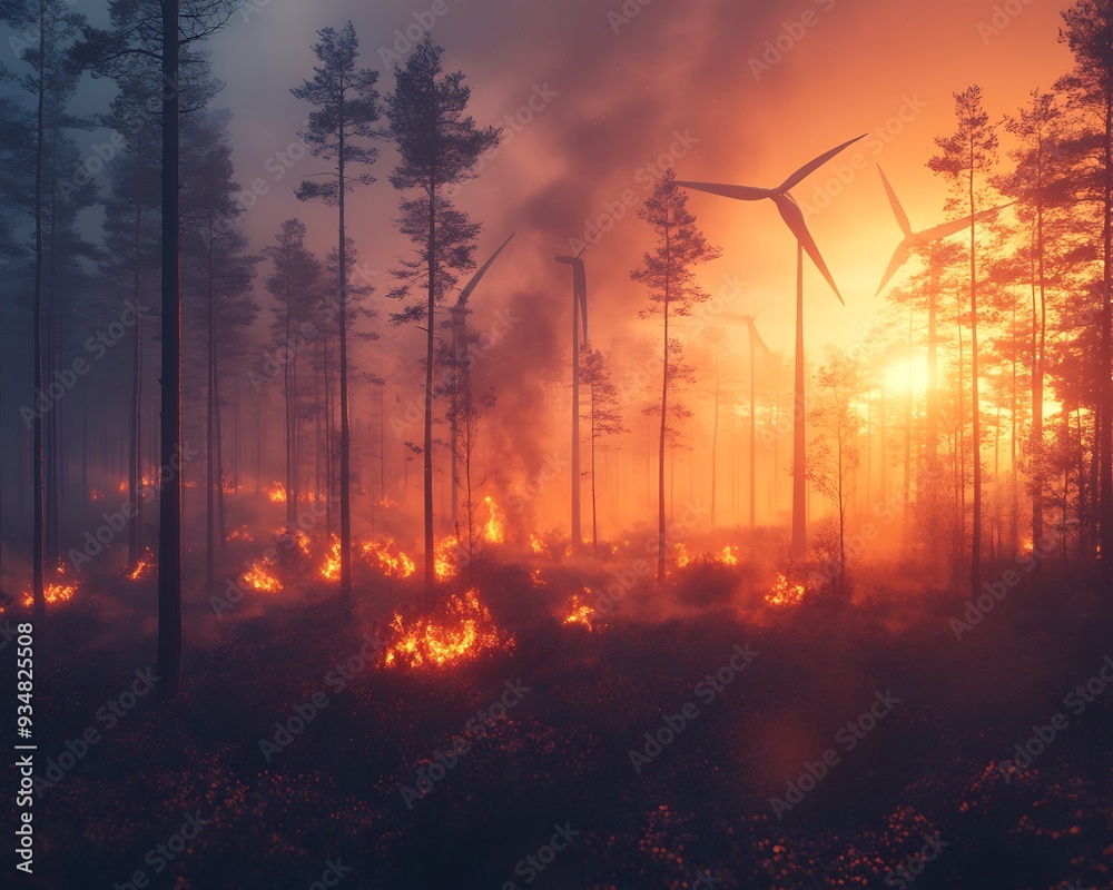 Forest consumed by wildfires with the remaining wind turbines and solar panels representing the need for renewable energy to combat Climate Change Forest consumed by wildfires with the remaining wind turbines and solar panels representing the need for renewable energy to combat Climate Change