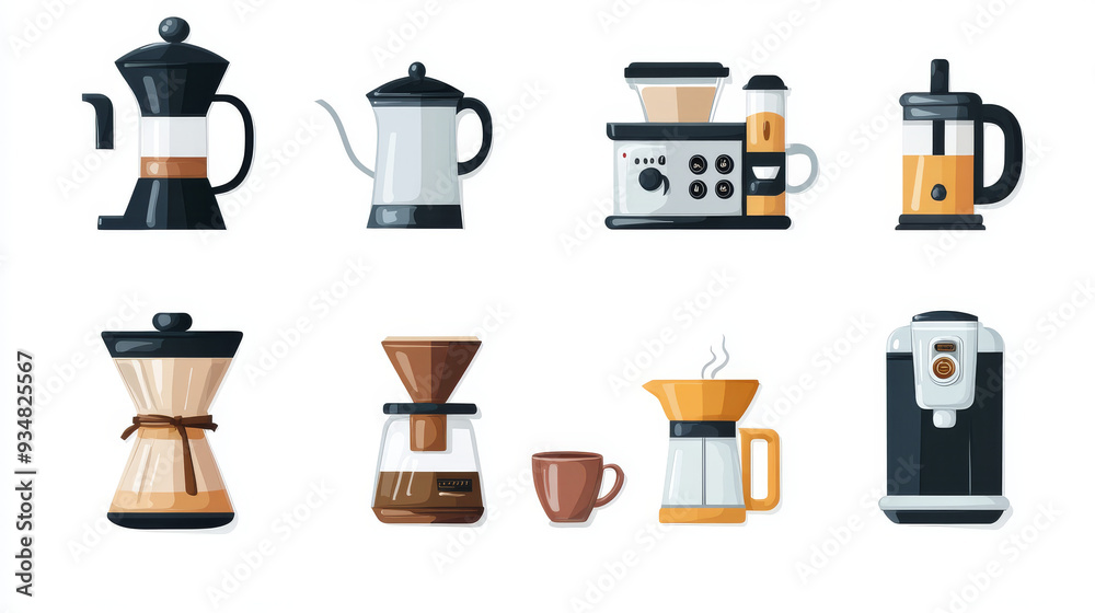 Vector icons set of coffee makers and machines, featuring a cartoon coffee pot, espresso machine, cup and mug, French press, drip coffee maker, pour-over, Turkish cezve, Aeropress, moka pot, and singl Vector icons set of coffee makers and machines, featuring a cartoon coffee pot, espresso machine, cup and mug, French press, drip coffee maker, pour-over, Turkish cezve, Aeropress, moka pot, and singl