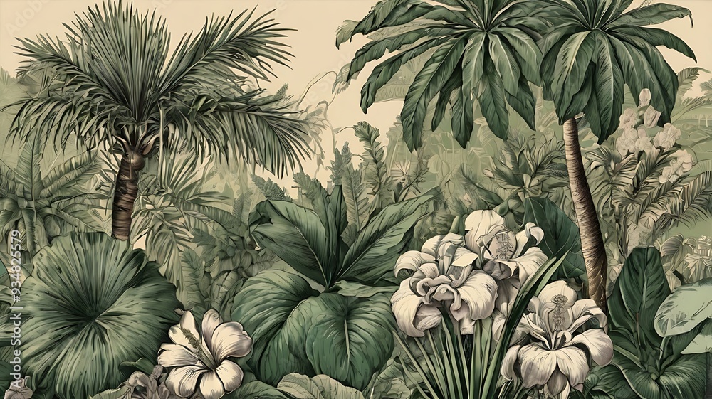 Fototapeta premium of a tropical jungle with palm trees, flowers, and birds.