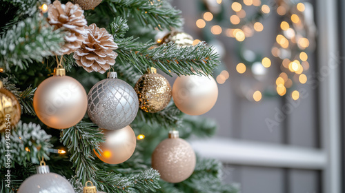 
Beautiful festive decorations on the Christmas tree. Close-up. Beautiful Christmas background. The concept of decorations and decor for the new year. New Year's Card 2025
