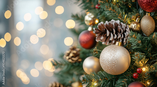 
Beautiful festive decorations on the Christmas tree. Close-up. Beautiful Christmas background. The concept of decorations and decor for the new year. New Year's Card 2025