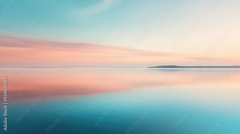 Fototapeta premium Pastel-colored reflections on a calm lake, with the colors blending seamlessly into the horizon like a mirage.