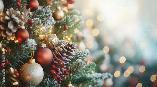 
Beautiful festive decorations on the Christmas tree. Close-up. Beautiful Christmas background. The concept of decorations and decor for the new year. New Year's Card 2025