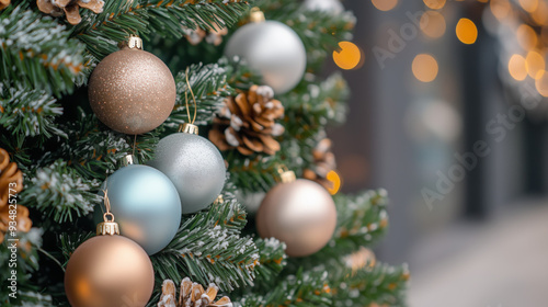 
Beautiful festive decorations on the Christmas tree. Close-up. Beautiful Christmas background. The concept of decorations and decor for the new year. New Year's Card 2025