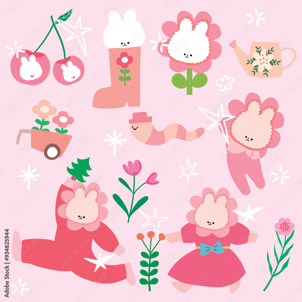 Fototapeta premium seamless pattern with animals, set of trees, flowers in pots, rabbit with gift, bunny and Santa, Christmas and cute bunny, element Christmas animal, card Christmas, set cute Christmas, draw vector cut