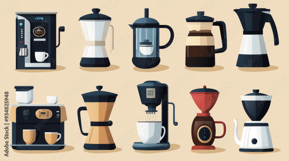 Vector icons set of coffee makers and machines, featuring a cartoon coffee pot, espresso machine, cup and mug, French press, drip coffee maker, pour-over, Turkish cezve, Aeropress, moka pot, and singl Vector icons set of coffee makers and machines, featuring a cartoon coffee pot, espresso machine, cup and mug, French press, drip coffee maker, pour-over, Turkish cezve, Aeropress, moka pot, and singl