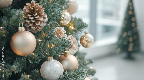 
Beautiful festive decorations on the Christmas tree. Close-up. Beautiful Christmas background. The concept of decorations and decor for the new year. New Year's Card 2025