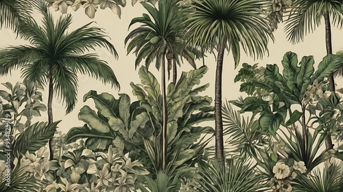  of a tropical jungle with palm trees, flowers, and birds.