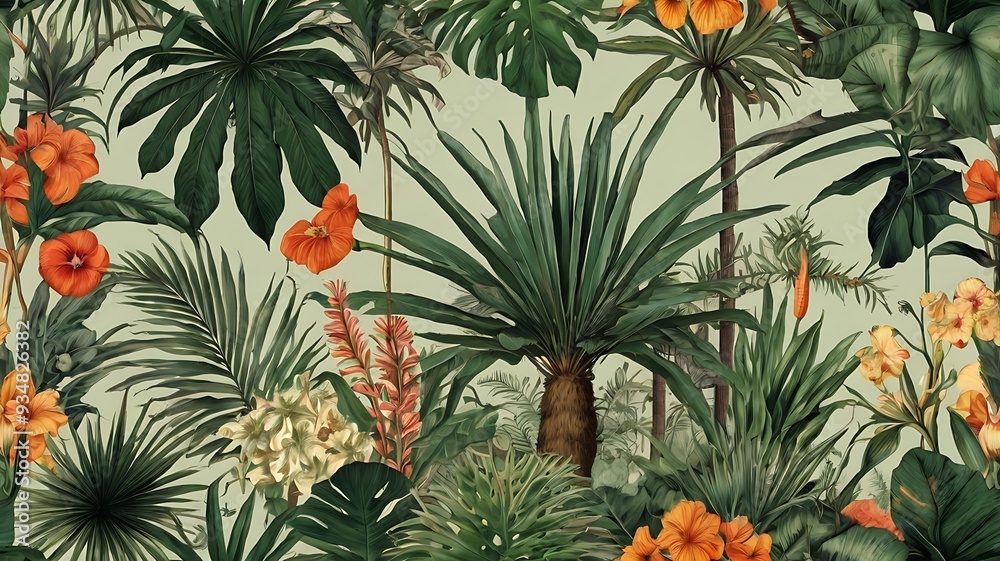 Fototapeta premium of a tropical jungle with palm trees, flowers, and birds.