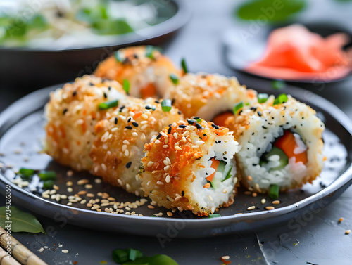 Fried Sushi Rolls with Sesame Seeds and Green Onions - Food Photography