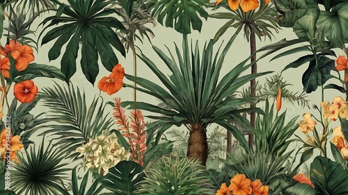  of a tropical jungle with palm trees, flowers, and birds.