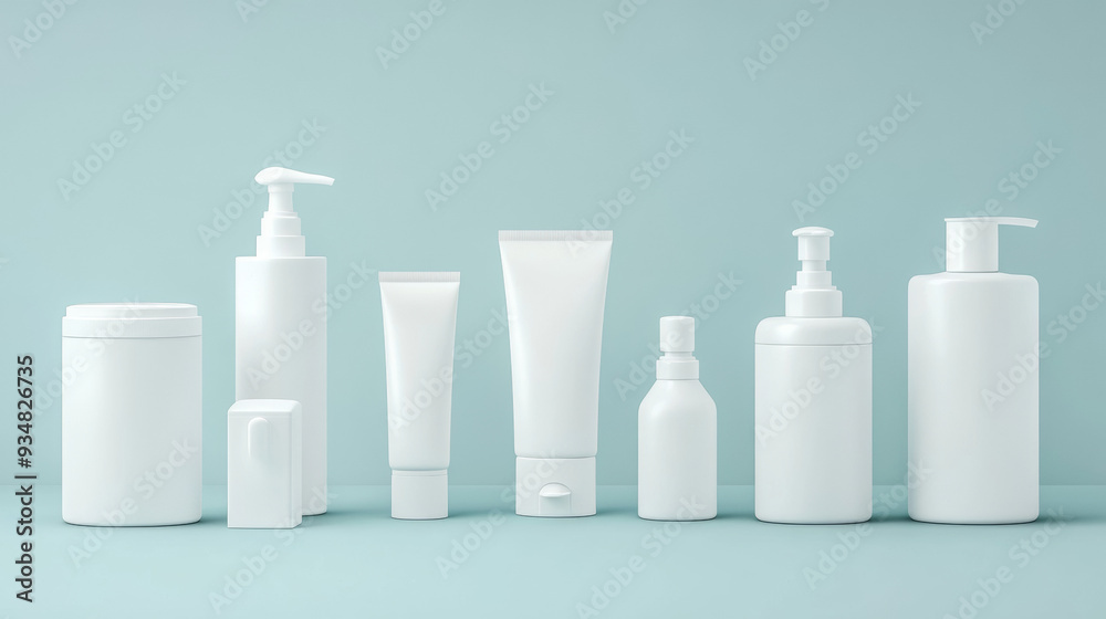 Vector illustration of blank 3D cosmetic containers and chemical plastic bottles, including a cream jar, cotton swabs, toilet or bath cleanser, soap dispenser, perfume atomizer, lotion tube, and shamp Vector illustration of blank 3D cosmetic containers and chemical plastic bottles, including a cream jar, cotton swabs, toilet or bath cleanser, soap dispenser, perfume atomizer, lotion tube, and shamp