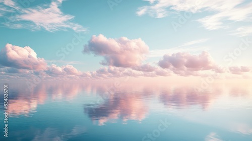 Soft pastel clouds floating over a calm, reflective ocean, creating a surreal, mirage-like atmosphere.