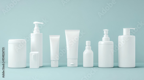 Vector illustration of blank 3D cosmetic containers and chemical plastic bottles, including a cream jar, cotton swabs, toilet or bath cleanser, soap dispenser, perfume atomizer, lotion tube, and shamp