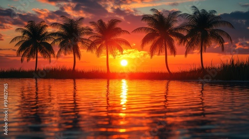 Sunset Paradise: Palm Trees Silhouetted Against a Vibrant Sky